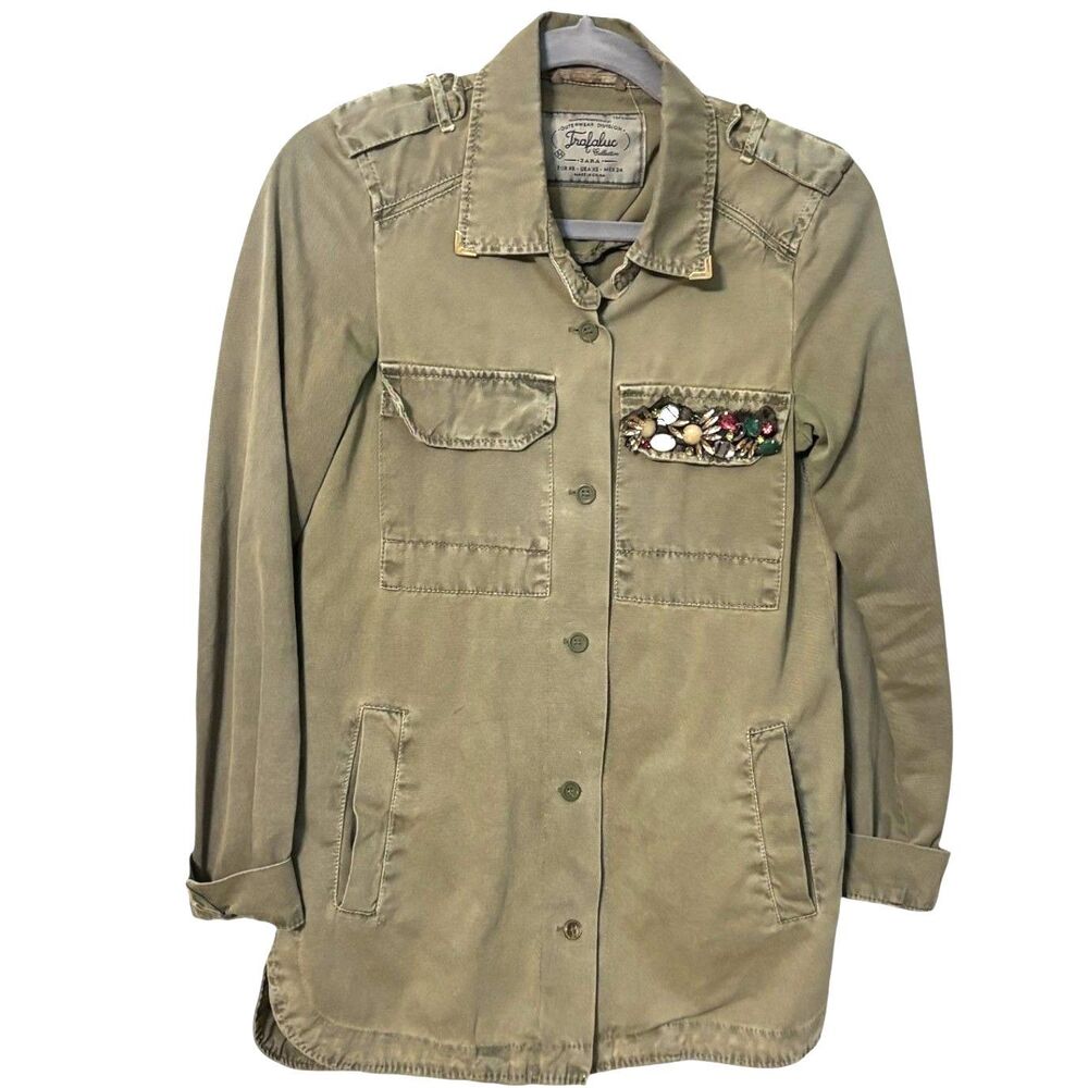 Zara Trafaluc Olive Military Utility Shacket Embellished Gem Pocket XS